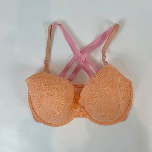 NWOT Victoria's Secret Bra 32DDD Demi Orange Lace Pink Front Closure Criss-cross